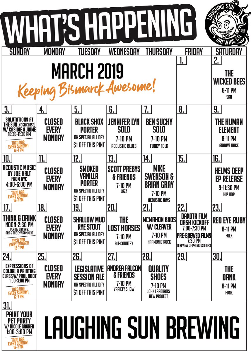 LaughingSunBrew's tweet photo. It’s March! What are your plans? #laughingsunbrewing #supportyourlocalarts #craftbeer #busy https://t.co/I5P19CER2T