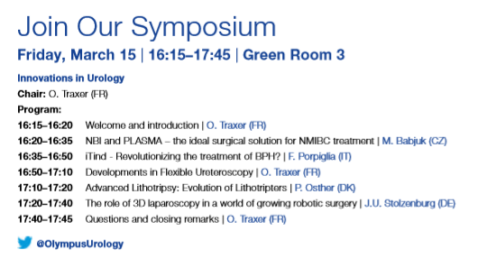 OlympusUrology's tweet photo. Join the Olympus Symposium on Friday at the #EAU19! Five professional experts will talk about the latest developments in #urology. 
Save your first row seat! How? Like, share or comment this post. @OTRAXER @MarekBabjuk @OstherPalle @PorpigliaF J.U. Stolzenburg @Uroweb https://t.co/LhOcqHGeEn