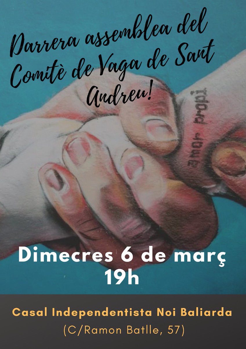 Avui tenim la darrera assemblea del Comitè per preparar el #8M2019

⏱ 19h
🏠 Casal el Noi Baliarda (C/Ramon Batlle, 57)

Us hi esperem! 

Organitzem entre totes la #VagaFeminista8M ✊🏾

#VagaGeneralFeminista
#VagaFeminista8M 
#VagaGeneralFeminista8M 
#8M