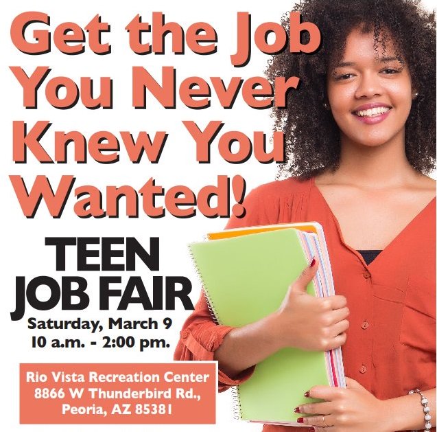 peoriaazteens's tweet photo. Come one, come all! This weekend is the second annual Teen Job Fair at the Rio Vista Recreation Center. #peoriaazteens https://t.co/DqVm5Crd6g