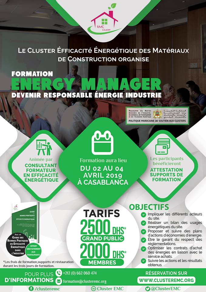 ClusterEMC's tweet photo. Le cluster EMC, lance l'inscription à la formation « Energy Manager : Devenir responsable #énergie #industrie », organisée les 2,3 et 4 avril, avec l’appui du ministère de l’industrie, 
Lien d'inscription : https://t.co/G7X30iTHke
Dernier délai d’inscription : 18 Mars 2019 https://t.co/fF96DVR0id
