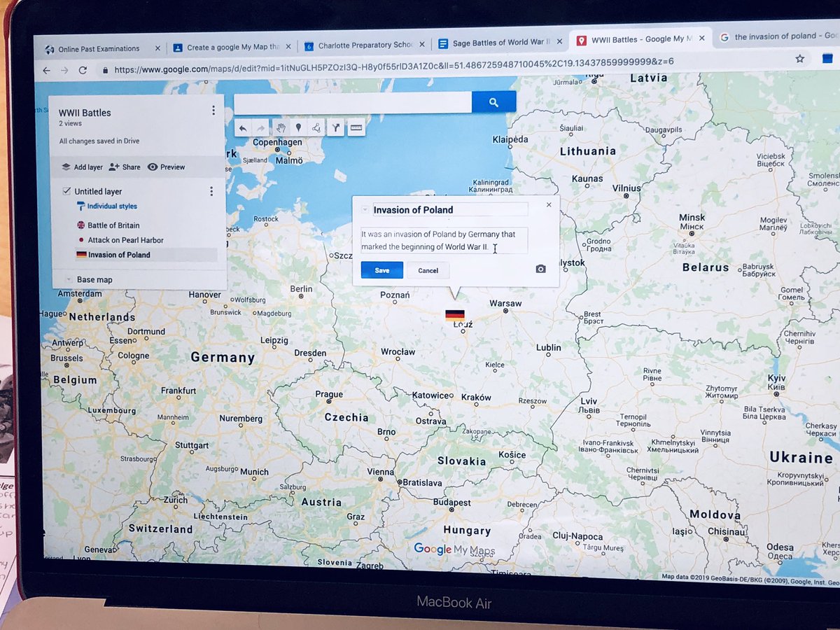 CltPrepGrade8's tweet photo. Using Google My Maps to create custom maps showing the location and describing the impact of major battles &amp; events during WWII. #OnePrep #CharlottePrepSocialStudies #CharlottePrepGrade8 https://t.co/sk5sMH9S8Y