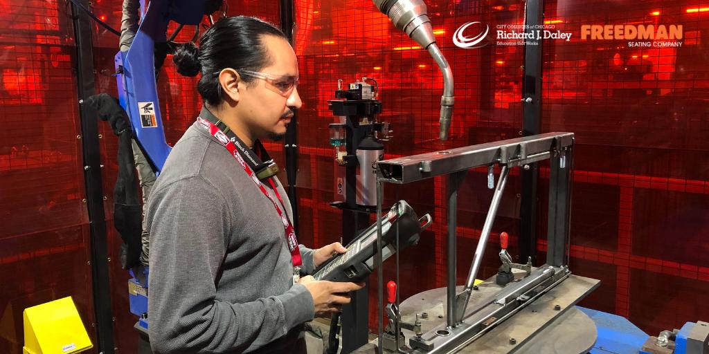 FreedmanSeating's tweet photo. Marvin Herrera is an adjunct #welding professor at @DaleyCollege, where he also received his Associate Degree in Applied Science in Advanced #Manufacturing and 3 related certificates. He's now a Manufacturing Engineering Technician at Freedman Seating! #TeamFreedman #EnrollCCC https://t.co/i9QWzHEPUD