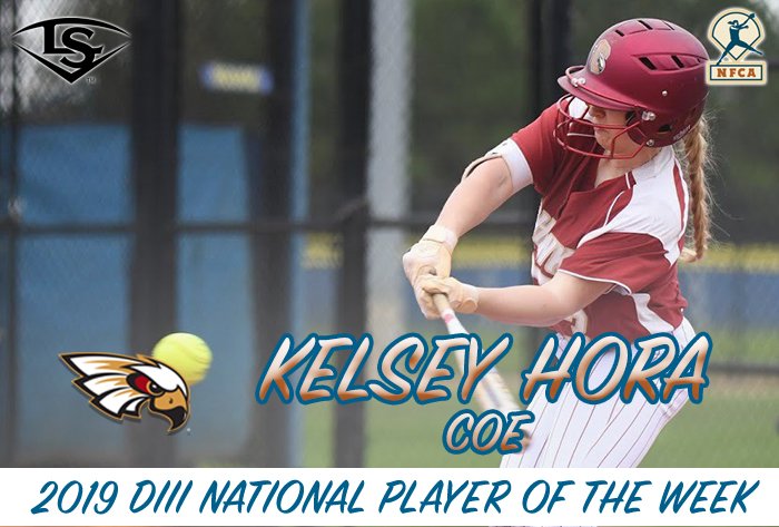 NFCAorg's tweet photo. Kelsey Hora of @CoeSoftball earns her first @sluggerFP /NFCA National Player of the Week honor after hitting .688 with 11 runs, three extra-base hits, six RBI and five steals in five games last week. https://t.co/ODYuoHNrQZ #NFCAPOTW https://t.co/3ky7Y8Pq6T