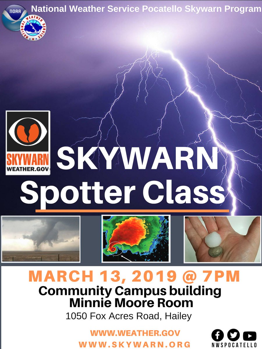 NWSPocatello's tweet photo. 9:05 AM Wed 03/06: Hey #Ketchum, #SunValley, #Hailey, #Bellevue, #Picabo, and #Carey! Our first #SKYWARN Spotter training class of the season is being held in Hailey one week from today. This class is free and open to the public. Please help spread the word! #idwx https://t.co/JdfwvWez4k