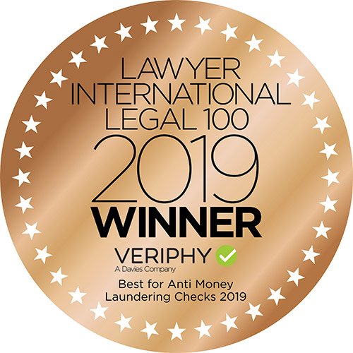 *We Are Award Winning*

'Best Anti Money Laundering Checks 2019' award at this years' Lawyer International Legal 100 awards.

Accolades are always nice to receive, however the real award is knowing we are providing high quality services for 1,000's of businesses across the UK.