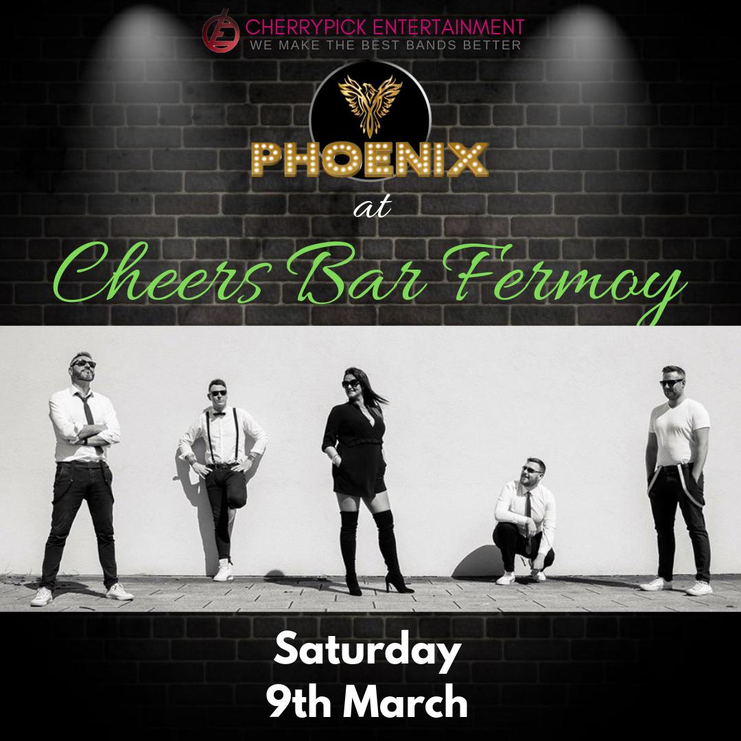 CherrypickEnts's tweet photo. Join Phoenix Band Cork to have an amazing Saturday night at Cheers Bar Fermoy ! This 9th of March! Be there folks! 
#phoenixbandcork #cheerypickbands #cheersbar https://t.co/chcBqaaFNr