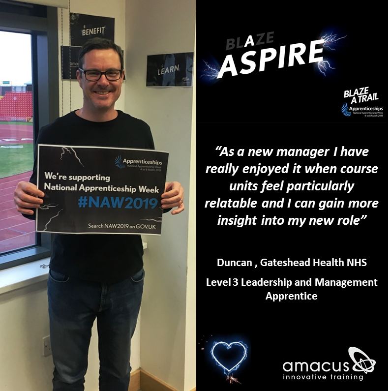 AmacusLimited's tweet image. Duncan works for @QEGateshead and is one of the apprentices on our Level 3 Leadership &amp;amp; Management programme. He&apos;s finding the course is really helping him to achieve in his job! #NAW2019 #BlazeaTrail #traindevelopsucceed #apprenticeships