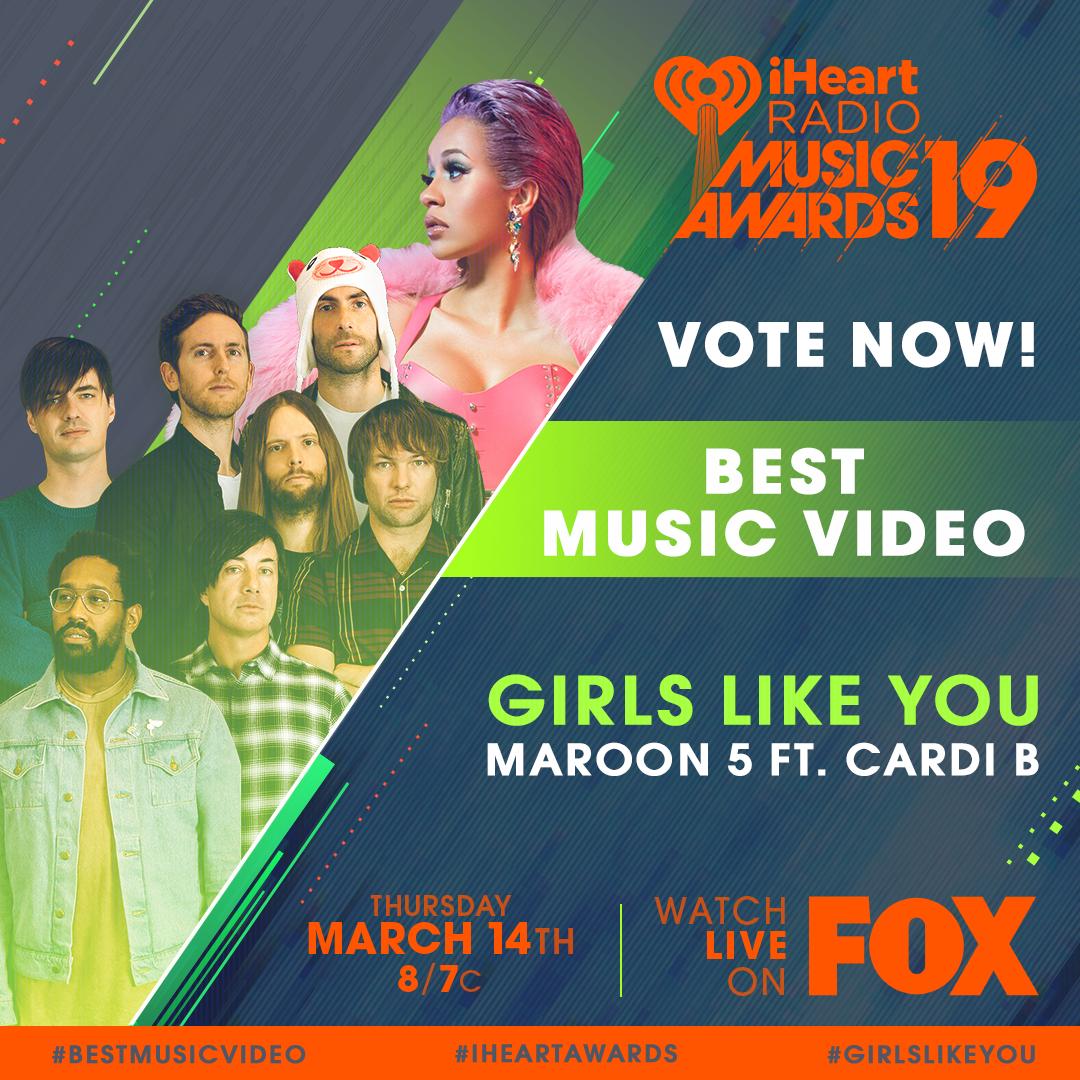 HashimMahid's tweet photo. I vote @maroon5 x @iamcardib ❣️
For best music video
#GirlsLikeYou #BestMusicVideo #iHeartAwards https://t.co/I6N84mxjsR https://t.co/236FRVudbt