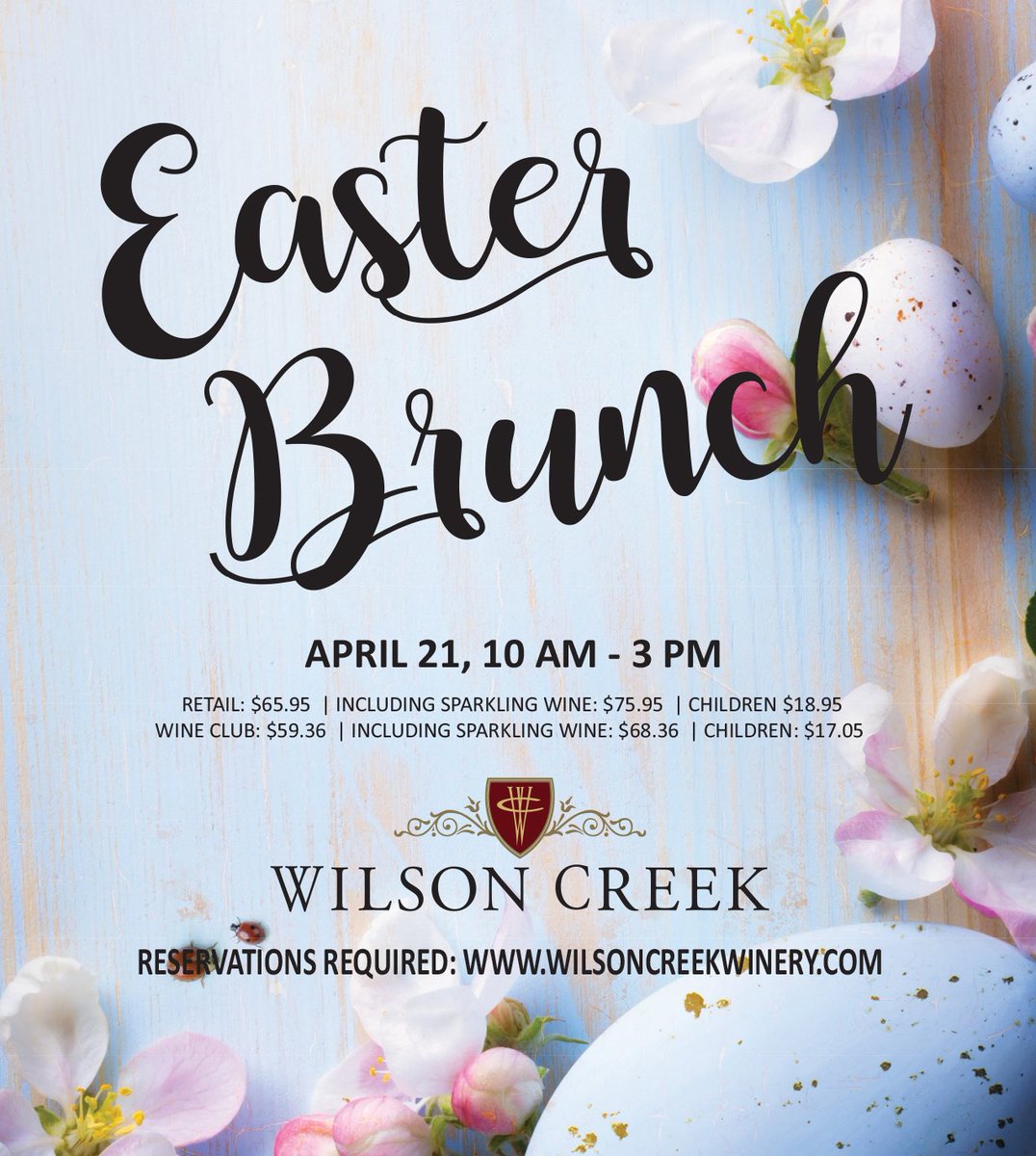 Wilson_Creek's tweet photo. What do Easter &amp; Brunch have in common? Both happen on Sundays! Come enjoy both with us and your loved ones on April 21st!
An amazing Sunday Brunch Buffet with all your favorites &amp; more.
https://t.co/VEYTcGwemk
#easterbrunch #wilsoncreekwinery #bubblebrunch #sparklingwine https://t.co/EB5G9NSn4f