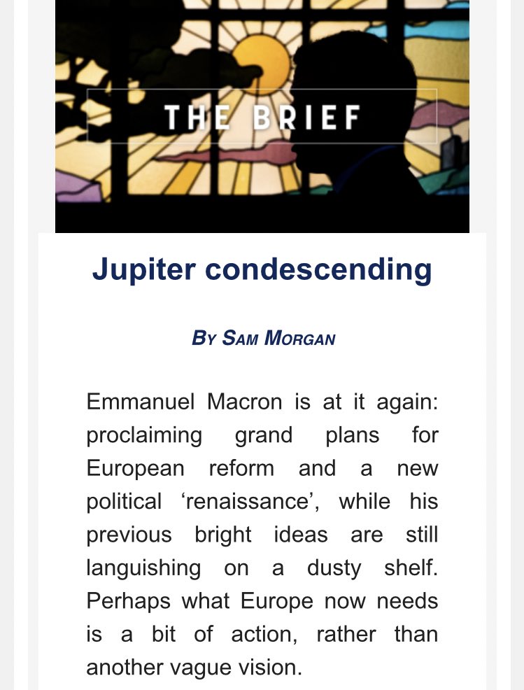 SamJamesMorgan's tweet image. Is @EmmanuelMacron running a country or a think-tank? Today’s @eaTheBrief: eurac.tv/9Q1F