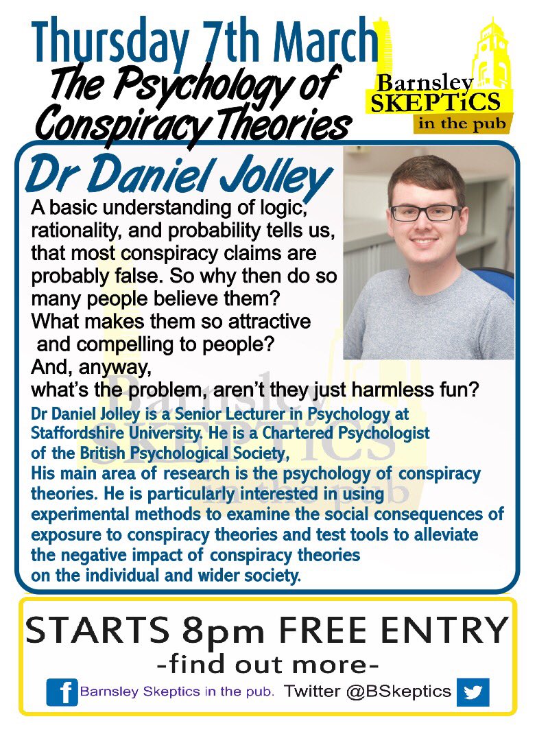 On Thursday night we have <a href="/DrDanielJolley/">Dr Daniel Jolley</a> talking to us about the psychology of conspiracy theories! 8pm start at <a href="/OldNo7Barnsley/">Old No7 Barnsley</a> 
#sitp #Barnsley