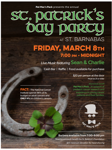 PatMacsPack's tweet photo. THIS FRIDAY NIGHT!

#PatMacsPack St. Patrick's Day Party!
7p - Midnight 
$20
Live music, food, drinks, and headshaving!  
@ St. Barnabas: 10121 S. Longwood Dr

Every dime raised helps fund pediatric brain tumor research + help families fighting pediatric cancer, please come by! https://t.co/ajdMQ3zGbr