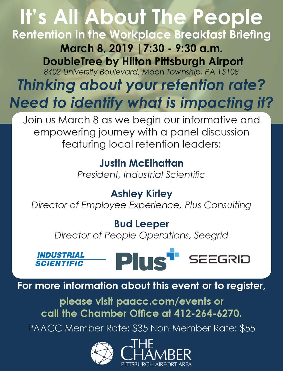 Only a few seats left for Friday, 3/8 @AirportChamber's #WorkforceRetention  'It's All About the People'  panel discussion with these companies: 
@IndSci_Corp  
@PlusConsulting  
@Seegrid  
REGISTER TODAY! bit.ly/BB-March8 PAACC Member Rate=$35 | PAACC Non-Member Rate=$55