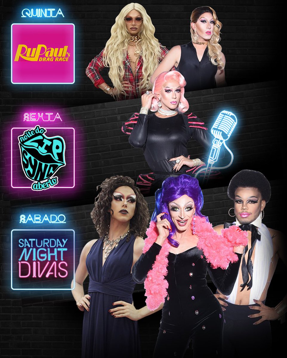 workroombar's tweet photo. AGENDA DA SEMANA 

QUI - Exibição RPDR
SEX - Lipsync Aberto
SAB - Saturday Night Divas

* Para reservar, envie mensagem para (51) 993085850 ou contato@workroombar.com https://t.co/bkE0exEpQd