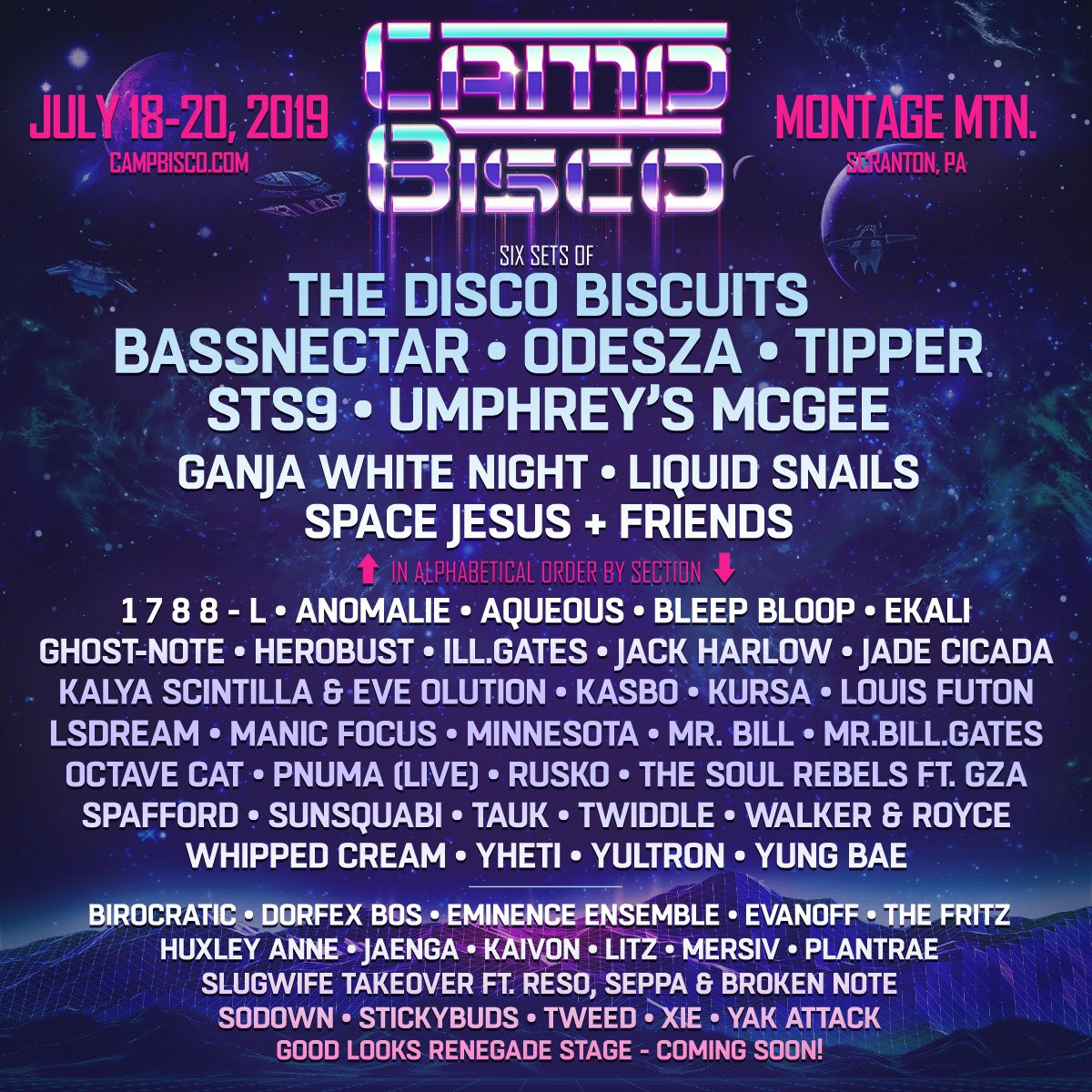 Boom. #CampBisco 2019 lineup has arrived! Limited # of Advance Passes on  sale Friday at Noon 👉 https://t.co/GbLjn0bE58 🚀🌎, image size:1200x1200