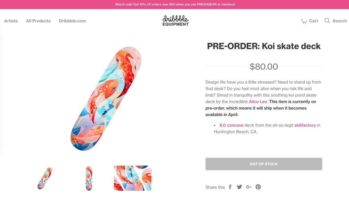 byalicelee's tweet photo. 🛹 I designed this flowy koi skateboard deck for @dribbble's new Equipment Shop! It launched yesterday but looks like it already sold-out (? thank you?? !!). Also, whoever wrote this caption, LOL this made me laugh #shredintranquility

Check it out! https://t.co/0uKZpN50Rz https://t.co/MsWz16j2JK
