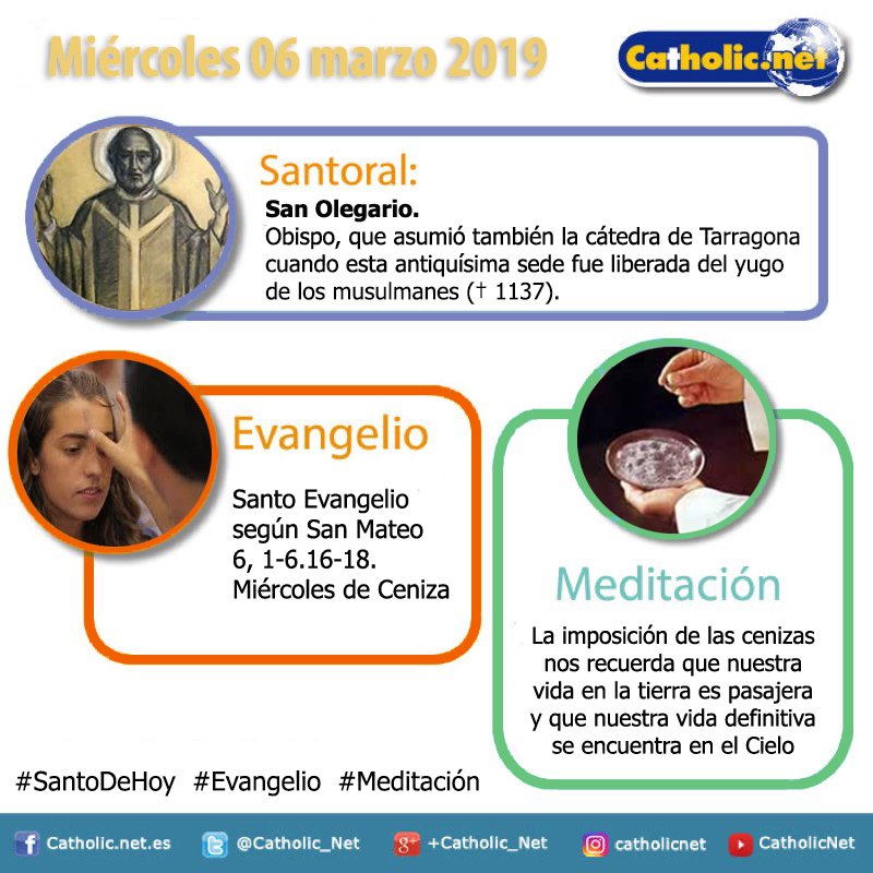 San Olegario bit.ly/2tVKkmE #SantoDeHoy

El verdadero consancio consiste en no ser lo que somos bit.ly/2UnSaBl #Evangelio 

Miércoles de Ceniza: el inicio de la Cuaresma 2019 bit.ly/2SP1qNg #Meditación