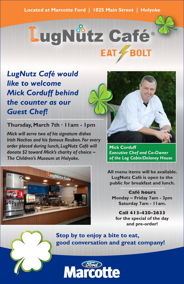 St. Patrick's Day is around the corner.  Come enjoy one of Mick Corduff's @delaneylogcabin Irish Nachos or Specials Reuben Sandwiches tomorrow for lunch at LugNutz Café.  For every order placed $2 will be donated to the  <a href="/CMHolyoke/">Children's Museum at Holyoke</a>.