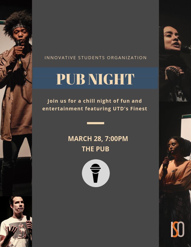 Join us March 28th for pub night!Expect a chill evening of entertainment coming from our very own UT Dallas community. If you’d like to perform please fill out the form found here: tinyurl.com/y66fxh7u Everything goes down at 7:00PM in the pub, tell your friends, see you there