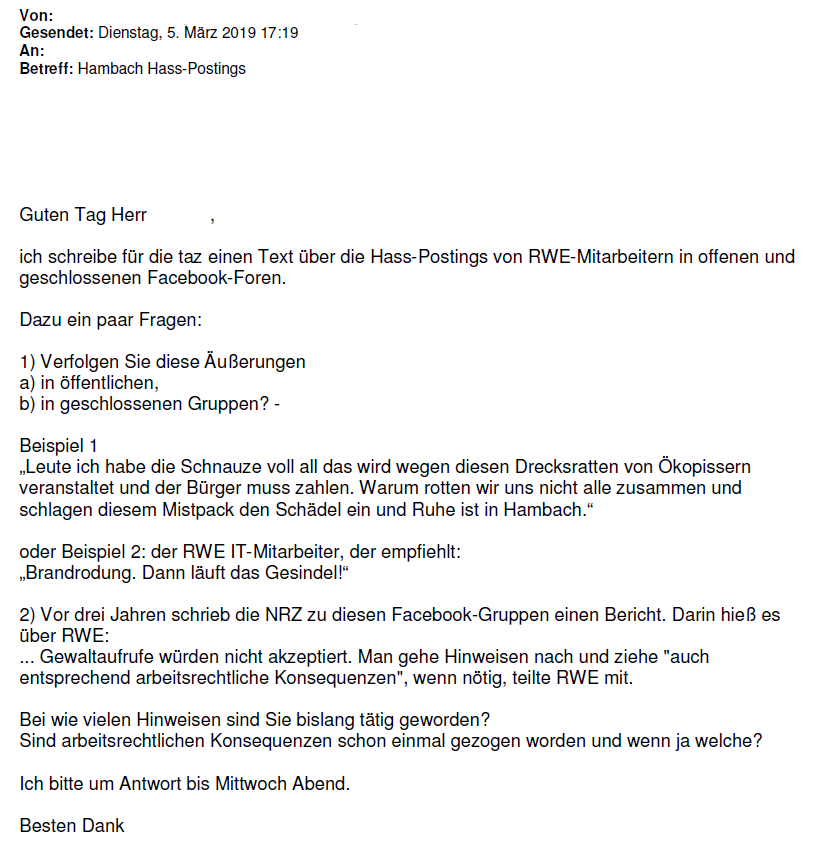 RWE_Presse's tweet photo. Die TAZ recherchiert zu #Hasspostings von RWE-Mitarbeitern. #Hassposts sind inakzeptabel und tragen zur Vergiftung des gesellschaftlichen Klimas bei, egal von wem Sie kommen! Hier - offen &amp; transparent - die @tazgezwitscher-Anfrage und unsere Stellungnahme: https://t.co/HvvYHigq60