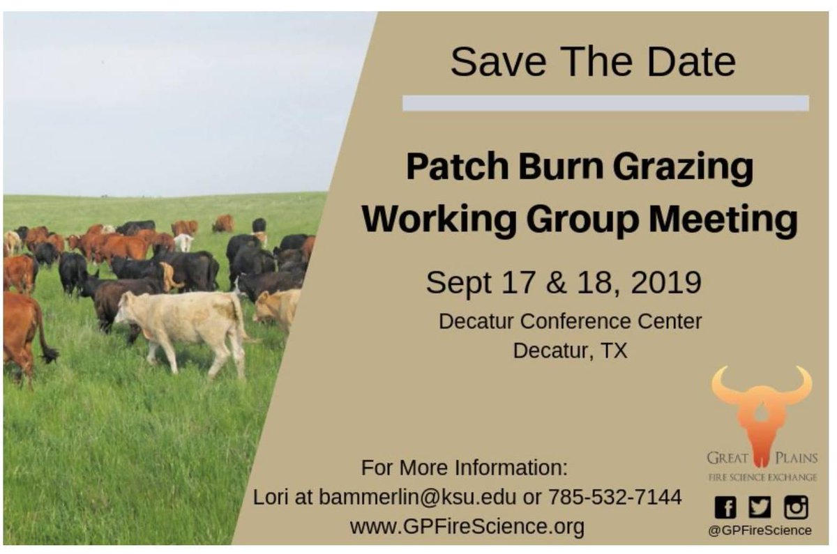 motreadwell's tweet photo. Great things are coming to Decatur! First, don't miss tomorrow's Pasture Management Workshop, including an optional range tour at an rx fire site! Second, we have a patch-burn grazing workshop September 17-18, contact @GPFireScience for more information!!
#rangelands
#rxfire https://t.co/KQPDSWtygn