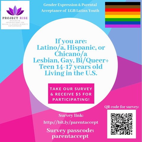 GLSENResearch's tweet photo. Attention lesbian, gay, bisexual, and queer Latinx youth! Our friends at Project Rise want to hear about your experiences with parental acceptance! For more info, please follow this link: https://t.co/JUkvnP3Tk9   

Password for the survey: parentaccept https://t.co/bzjmFr3yTK