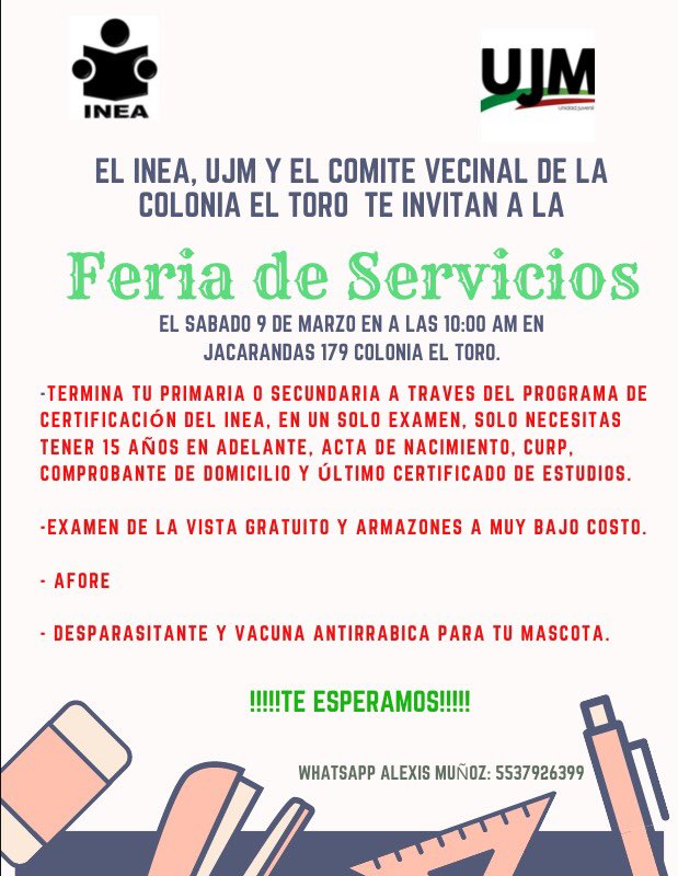 alexism_21's tweet photo. Mis queridos amigos, este sábado los queremos invitar a la Feria de Servicios en la Col. El Toro a las 10 am en jacarandas 179.
Traeremos varios servicios como Afore, vacuna antirrábica y desparasitante, exámenes de la vista gratuitos y el examen del INEA.
Los esperamos!!! https://t.co/WBQymZe9RV