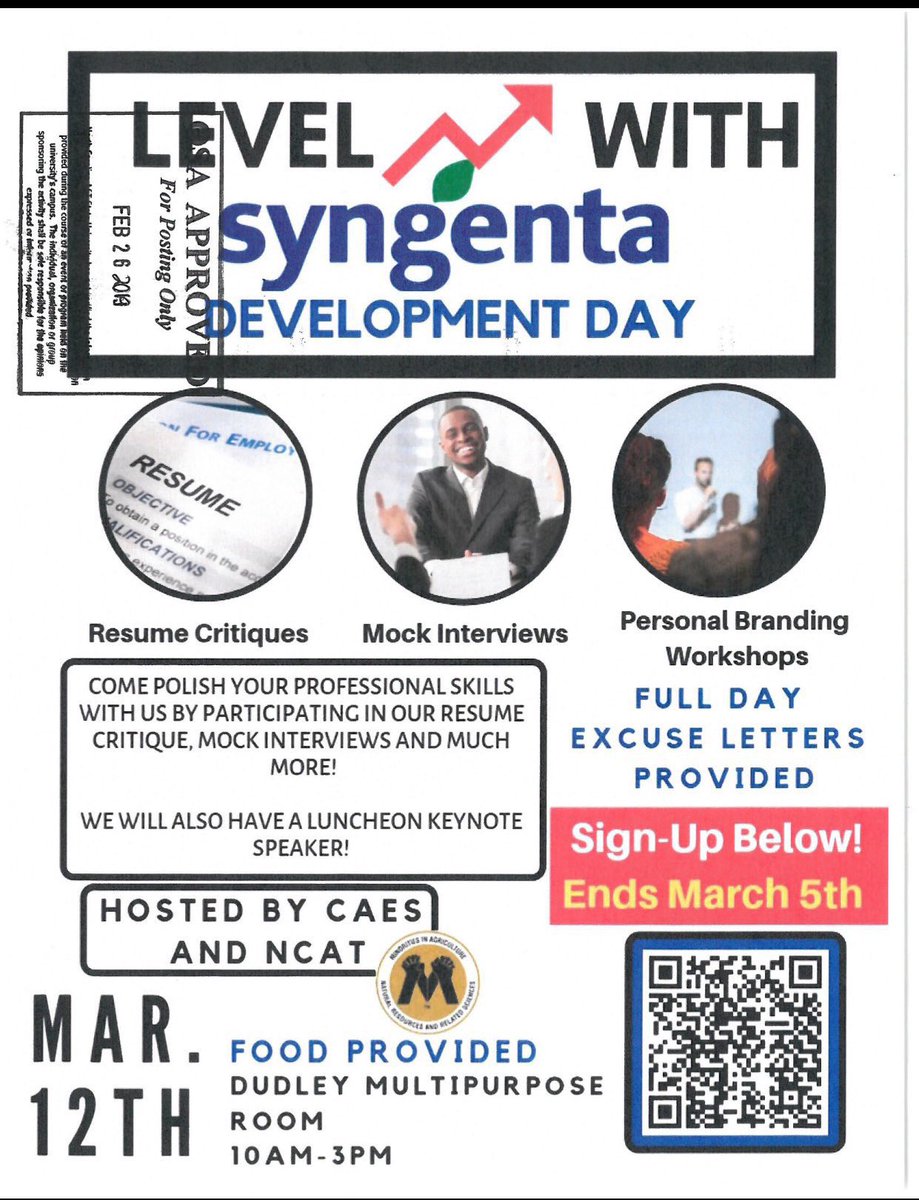 Level Up with Syngenta on March 12th from 10am-3pm in the Dudley Multipurpose Room. 
Attire: Business Casual! 
Food and Excuse Letters will be provided. 
goo.gl/forms/arKpGf3i…
#nationalmanrrs #ncat