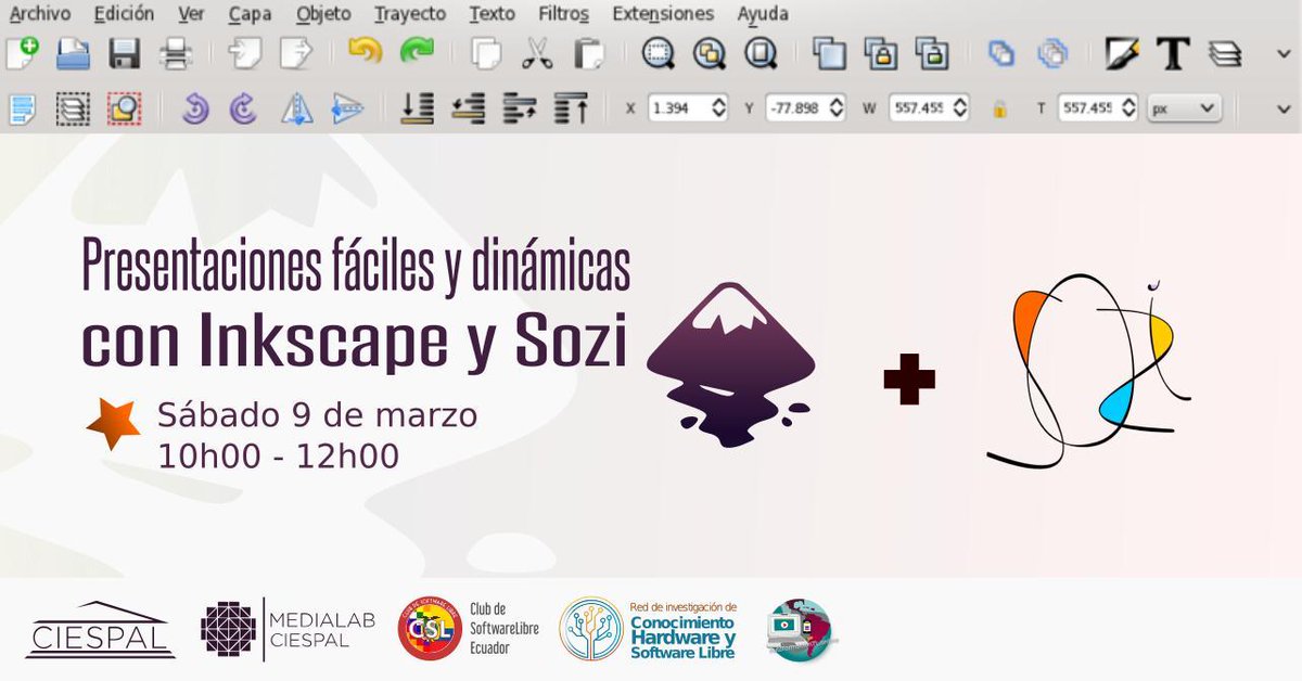 RedLibre_EC's tweet photo. Este sábado 9/marzo en el #ClubDelSoftwareLibreEC tendremos taller de Sozi, una extensión hecha en #Python para #Inkscape como gestor de presentaciones dinámicas, con un lienzo casi infinito para diseñar presentaciones espectaculares.
Registro en: https://t.co/IBj8cMg1zG https://t.co/Lfh0Qr1jzQ