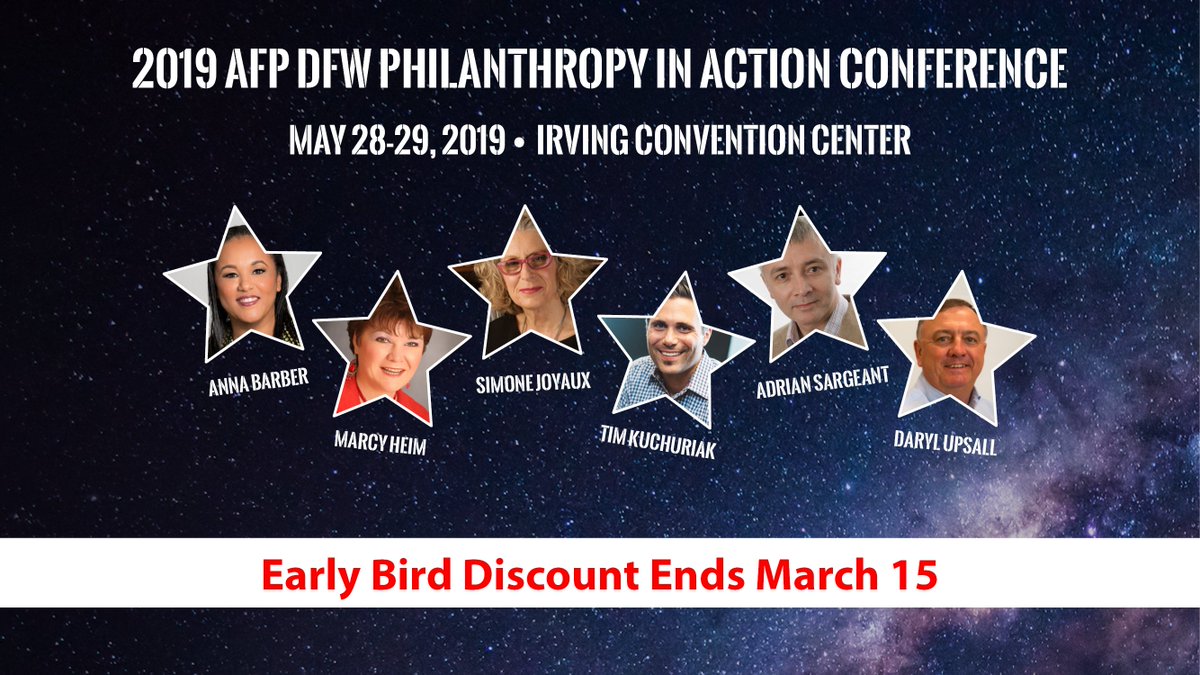dfwphilcon's tweet photo. Calling all fundraising professionals! The 2019 AFP DFW Philanthropy in Action Conference is May 28-29. Early bird discount ends March 15. Get your tickets here: https://t.co/b14Aof2EZv #AFPDFW https://t.co/ZtMyei9sGq