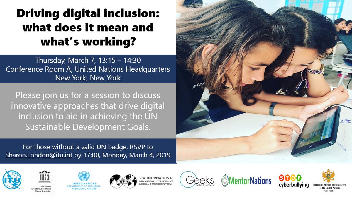Tomorrow we will co-host @UN a round table  on #DigitalInclusion: What does it mean and what’s working? Hoping for a good and pragmatic discussion #ICT4SDG @mentorafrika @unesco @GeeksWF @UNDESASocial @parryaftab @CxCATALYSTS @donasarkar @microsoft @IBM @ITU_UNHQ