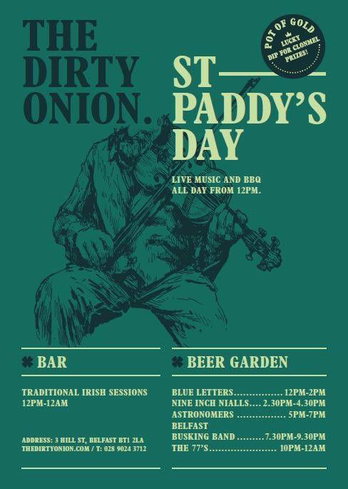 Paddy’s Day at the Onion!☘️☘️☘️ Live music all day 12-12 / BBQ / Traditional Irish music / Free entry Go annn Go annn!🍻