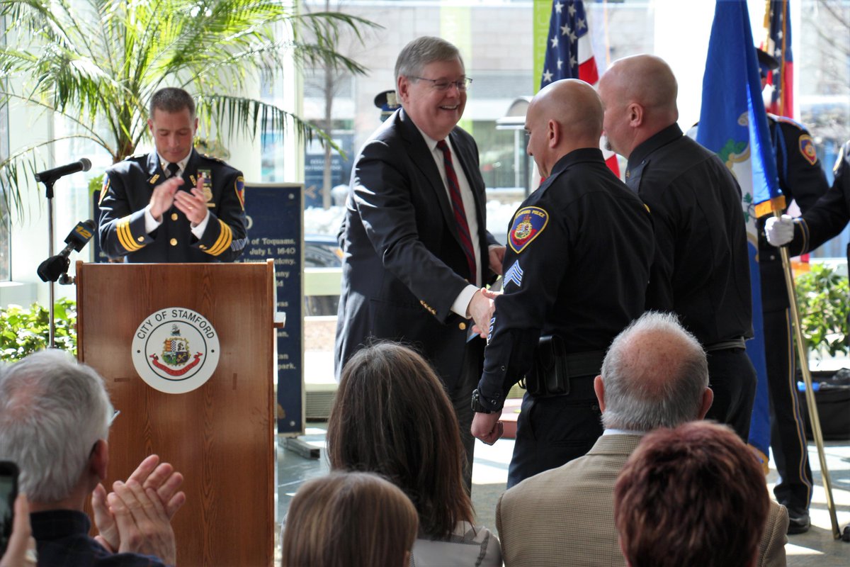 stamfordmayor's tweet photo. Congratulations to Sergeant Comstock and Sergeant Malanga. I had the honor of administering the swearing-in ceremony for them both today. https://t.co/k9JxP5nGDg