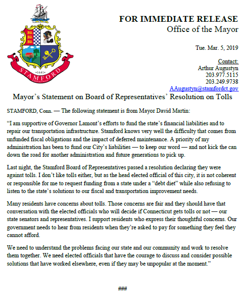 stamfordmayor's tweet photo. My statement on the resolution Stamford's Board of Representatives passed opposing tolls in Connecticut. https://t.co/M1zAAswXgB
