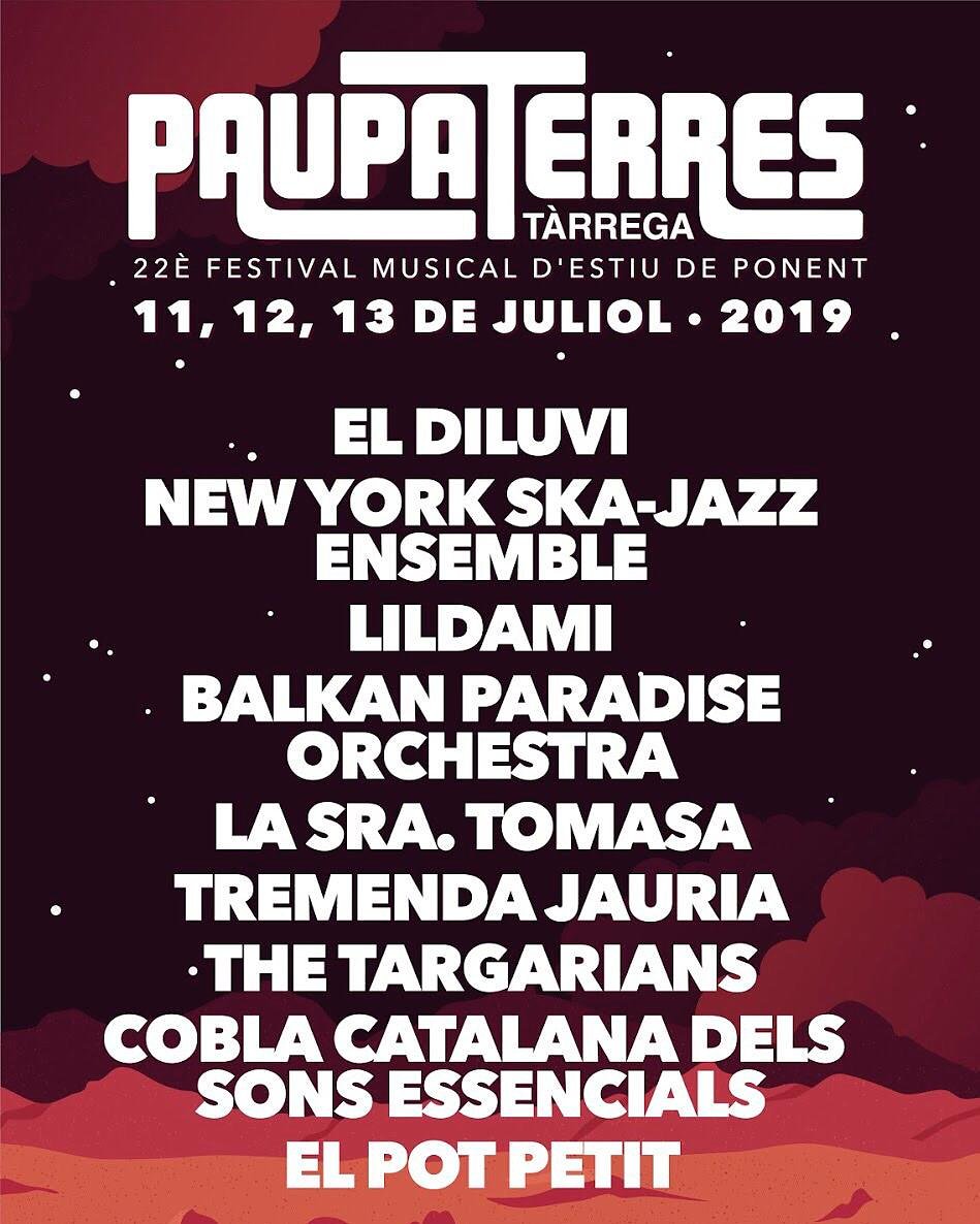 LluisAgea's tweet photo. Folk, ska, rumba, reggae... i més estils musicals en les primeres bandes confirmades del Festival @paupaterres 2019. 11, 12 i 13 de juliol a Tàrrega. #peoplelovemusic #paupaterres #músicaenviu https://t.co/lhq8PLlw8A