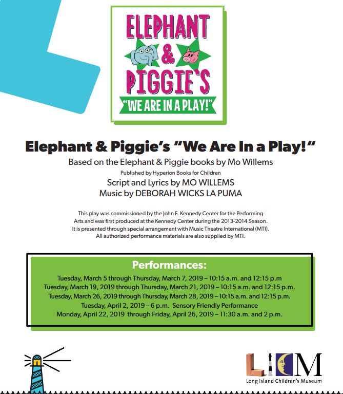 ChrisLaPuma's tweet photo. CHILDREN'S MUSEUMS hosting productions of #DebbieWicksLaPuma musicals as of late:

1) @creativitykids SHE PERSISTED (3/9-3/25/19) (nearly sold out)
2) Long Isl. Children's Museum ELEPHANT &amp; PIGGIE (2nd run, 3/5-4/26)
3)@BosChildMuseum ELEPHANT&amp; PIGGIE (sold out run ended in Dec.) https://t.co/hFui1h6tcY