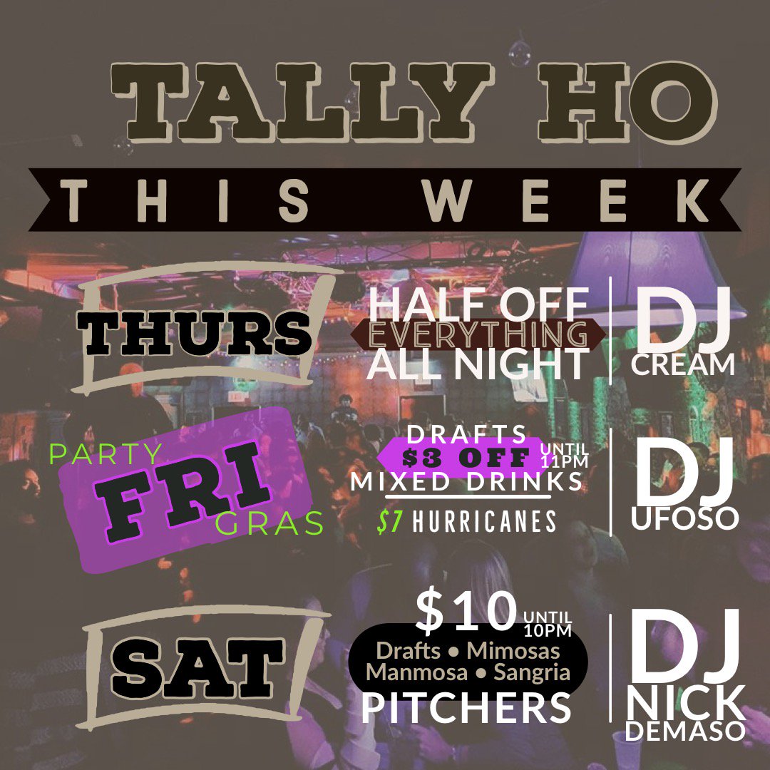 TallyHoboken's tweet photo. This week at Tally Ho! Don't miss the Friday Party Gras 😎. 
#thisweek #tallyhoboken #letsplay #DJ #hoboken #mardigras #partygras #happyhour #specials #hobokennightlife https://t.co/K94accMSw3