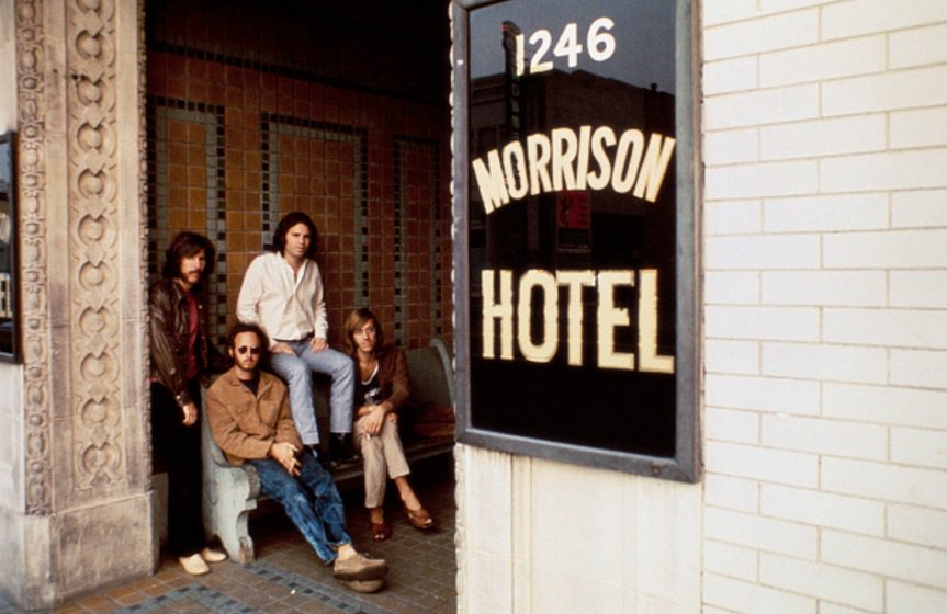 BoredWeb3's tweet image. The Doors outside of the Morrison Hotel in Los Angeles, 1969. 📷  Henry Diltz.