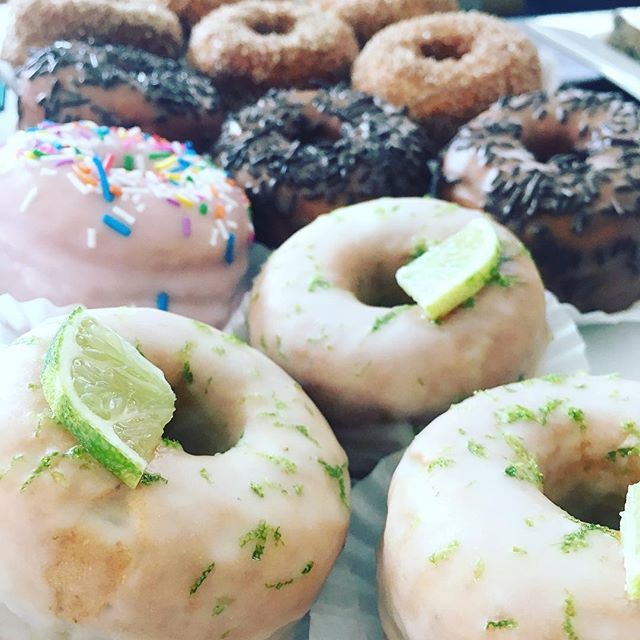 Donuts are looking extra cute today 🍩 Lime / cinnamon sugar / Chocolate / Peach Pomegranate #hamont #vegan #donuts