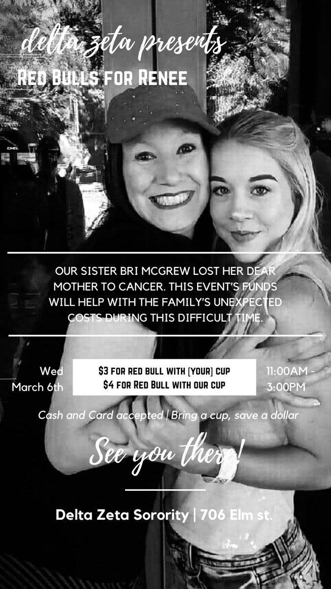 Stop by DZ between 11AM and 3PM and grab your caffeine to get you through midterms. The money from today’s event will go towards our sister, Bri McGrew and her family. Bri’s mom recently lost her battle to cancer. These funds will help the family with these unexpected costs. 💕