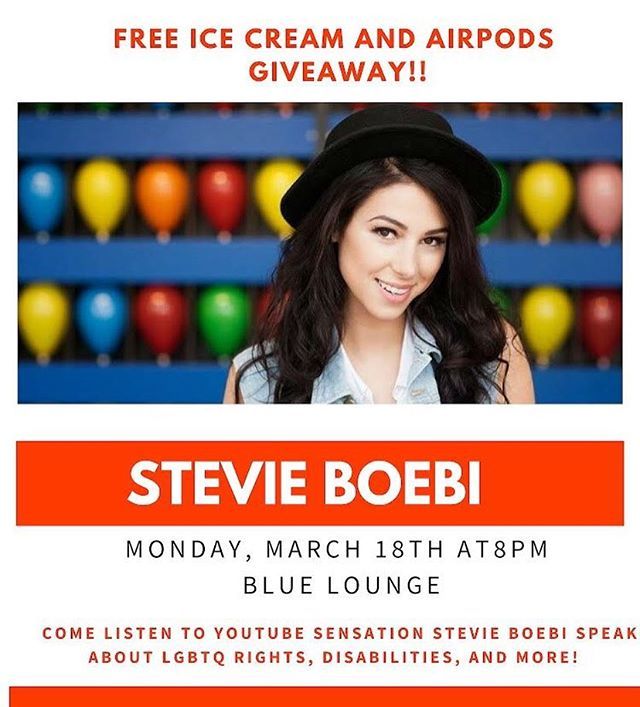 SEC is hosting YouTube Sensation Stevie Boebi on March 18 at 8pm in the Blue Lounge!!! Come and listen to her speak about LGBTQ rights, her experience with disability, and more!!!🌈 SEC will also be giving away AirPods and free ice cream!!!! 🍦