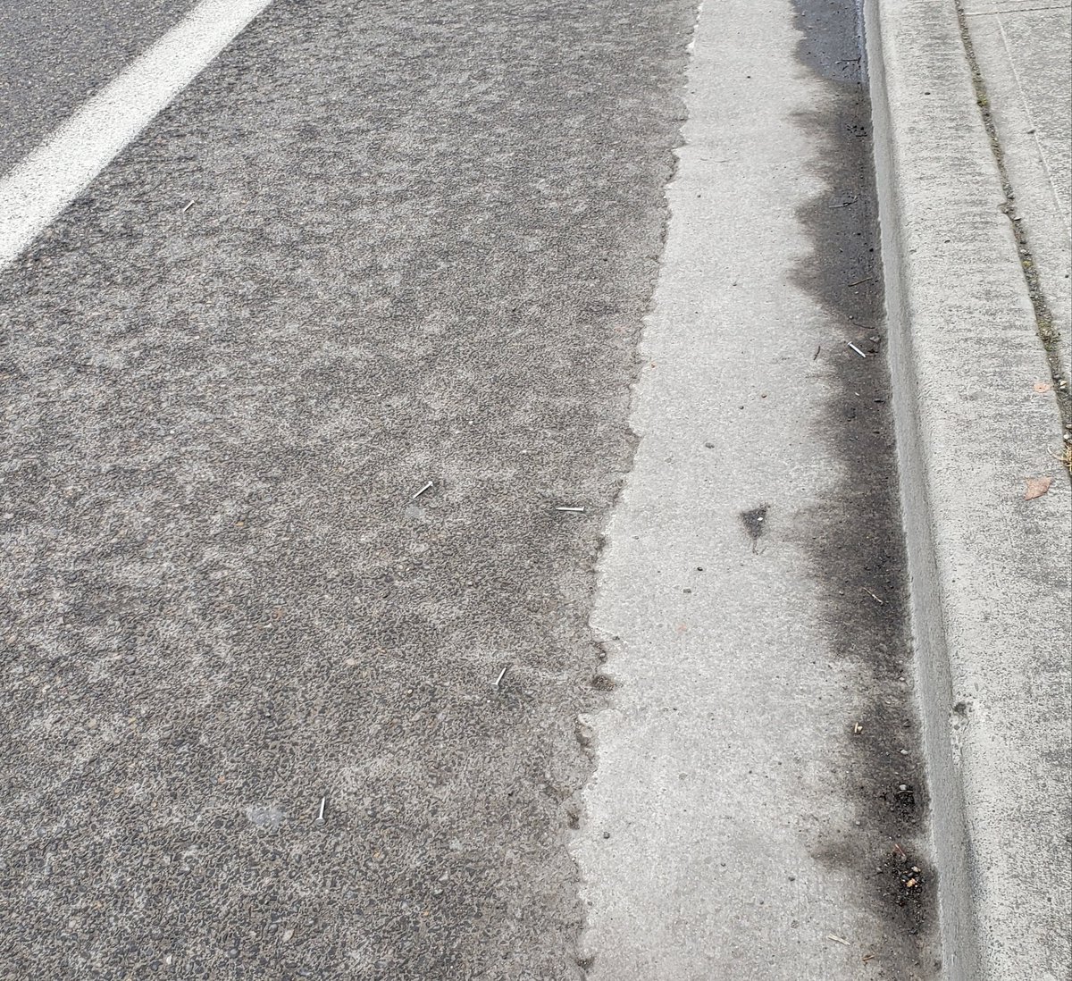 So cold this morning it was hard to take my gloves off a second time to take a picture of the second patch of nails, but here we go. Reported to @PDXReporter. <a href="/BikePortland/">BikePortland</a> <a href="/ChloeEudalyPDX/">Commissioner Eudaly</a> <a href="/PBOTinfo/">Portland Bureau of Transportation</a> <a href="/PortlandPolice/">Portland Police</a>