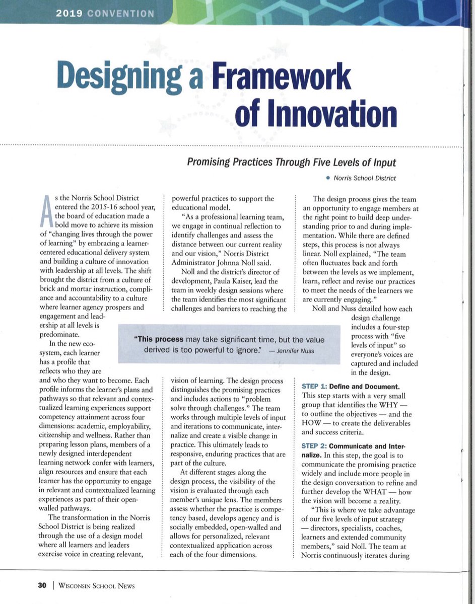 NorrisAcademyWi's tweet image. We’re honored to be featured in the March 2019 edition of Wisconsin School News! This feature shares some highlights from our session at the State Education Convention titled ‘Designing a Framework of Innovation’. #personalizedlearning #learnercentered #designframework #education