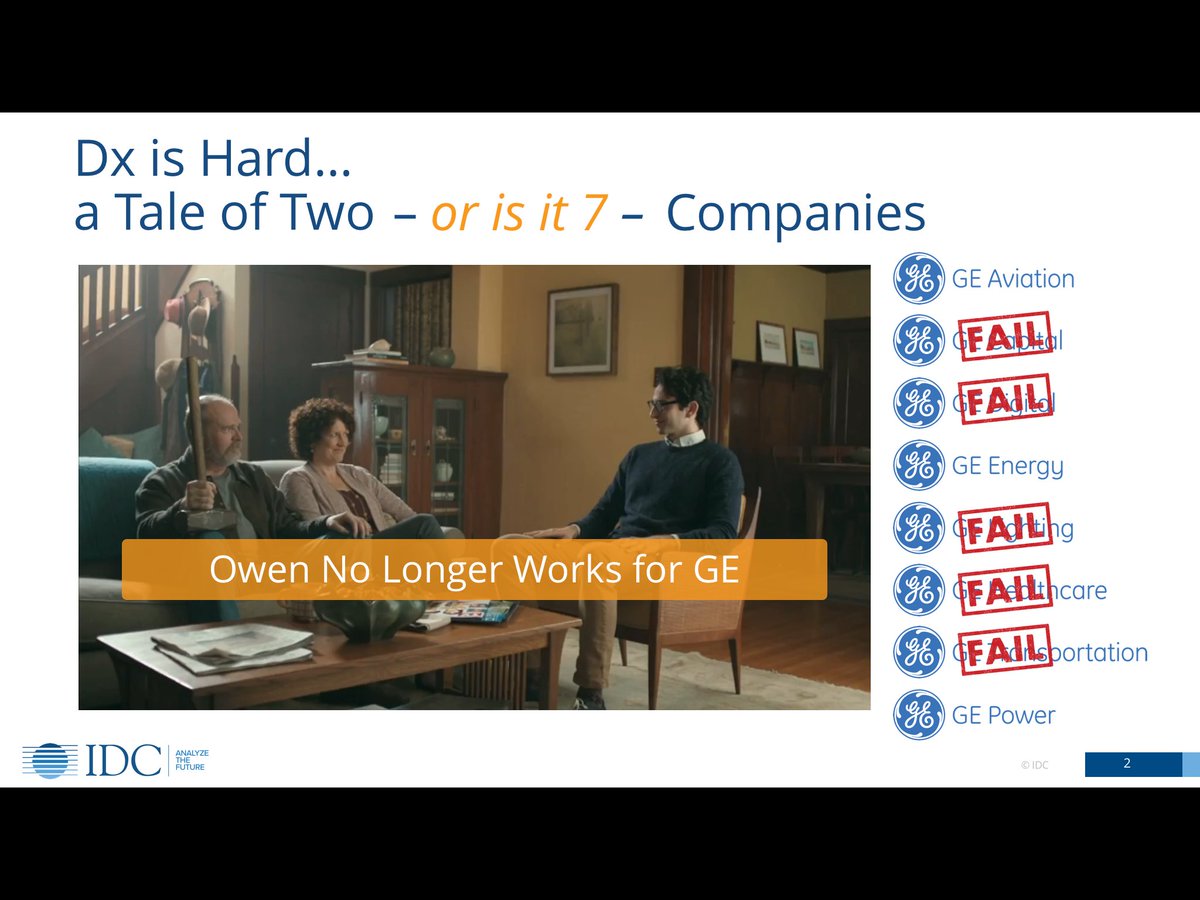 matteastwood's tweet photo. I touched on the distraction #GEPredix and #Dx had on @generalelectric’s broad set of businesses at #IDCDirections yesterday. Still unclear who Owen was talking to in the “hammer” commercial. Also far too little appreciation for how difficult this transformation would be. https://t.co/b4h0HLmn6X