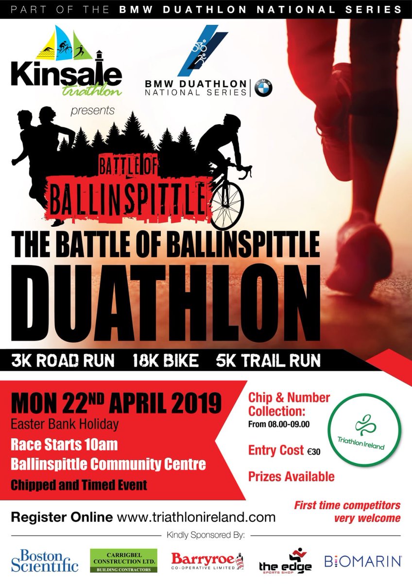 Kinsale Triathlon Club are proud to be hosting our Battle of Ballinspittle Duathlon on the  (Easter Monday)22/04/19
This is a fun event for all levels of competitor To register triathlonireland.com/Events/Race-ca…
We look forward to seeing you there.
You must pre-register prior to the event