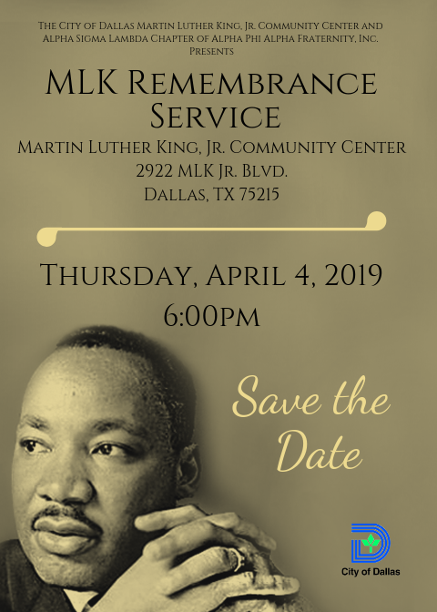 MLKCCDallas's tweet photo. #SavetheDate for the MLK Remembrance Ceremony on Thursday, April 4th @ 6:00pm at #MLKCCDallas https://t.co/HzCLwVMkZ9