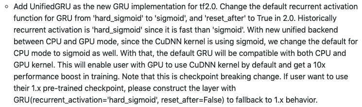 bzamecnik's tweet image. In #TensorFlow2 CuDNN-compatible GRU will be the default! 👏🎉