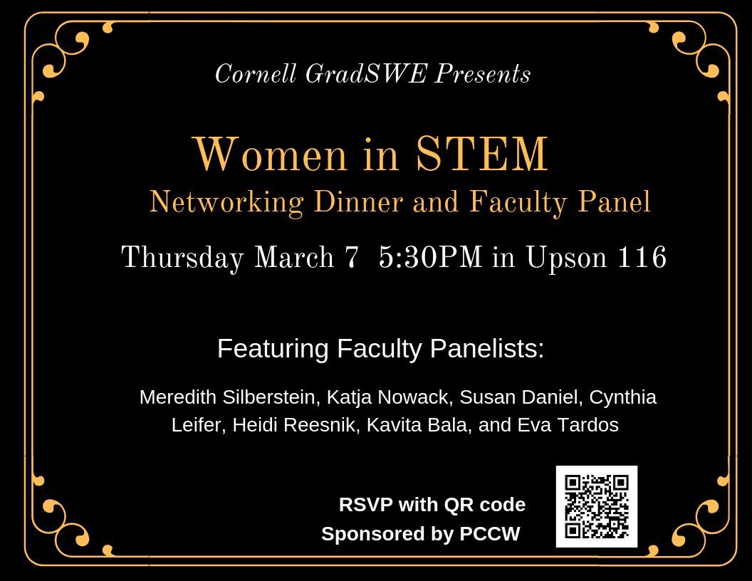 Don't forget, this event is happening tomorrow at 5:30 pm in Upson Hall 116. Pls RSVP in this link goo.gl/forms/m4FBGwpJ… . Excited to meet our panelists and their advice for women in #STEM @Cornell_PCCW @SWE_grad @Cornell_BEST