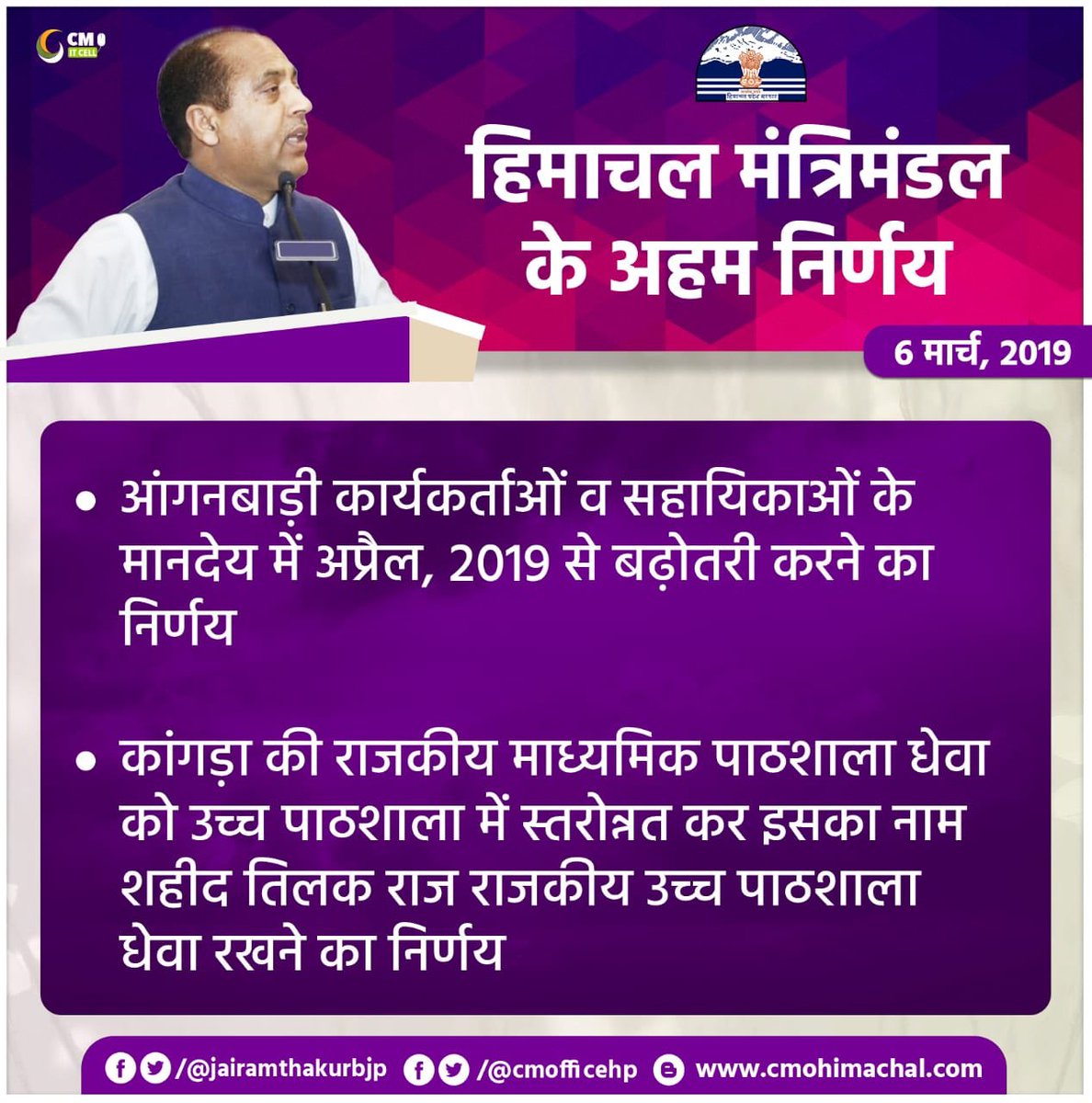 आज मुख्यमंत्री श्री जयराम ठाकुर जी की अध्यक्षता में हिमाचल मंत्रिमंडल ने अहम निर्णय लिए हैं।
इन निर्णयों के तहत प्रदेश के हजारों परिवार लाभान्वित होंगे। आप भी जानिए👇🏻 http://www.cmohimachal.com/2019/03/blog-post_6.html …